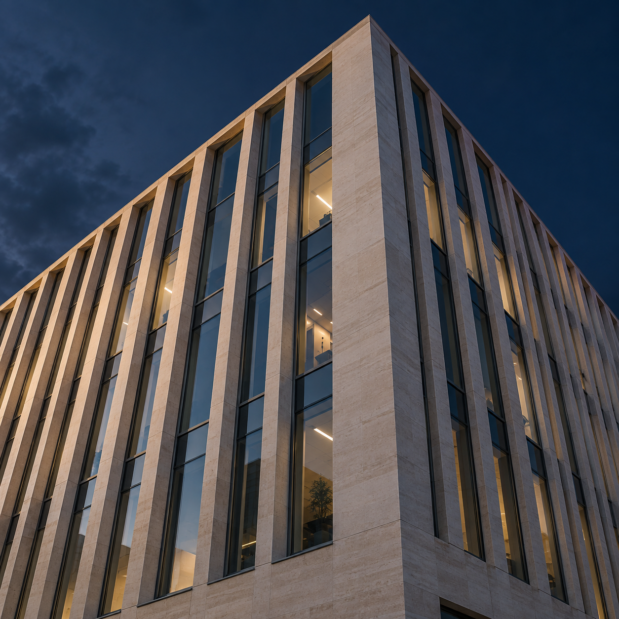 Architektonische Illustration einer modernen Fassade mit Glas und hellen Fassadenelementen